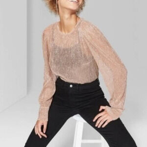 NWT Wild Fable Metallic Sheer Rose Gold Lettuce Hem Long Sleeve Top, Size XXL 🗣